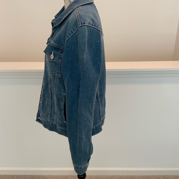 True Religion Blue Denim Jacket with Red Patch men’s size small like new - Picture 3 of 11